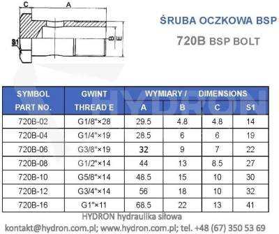 Śruba oczkowa, drążona - przelewowa 3/8" BSP
