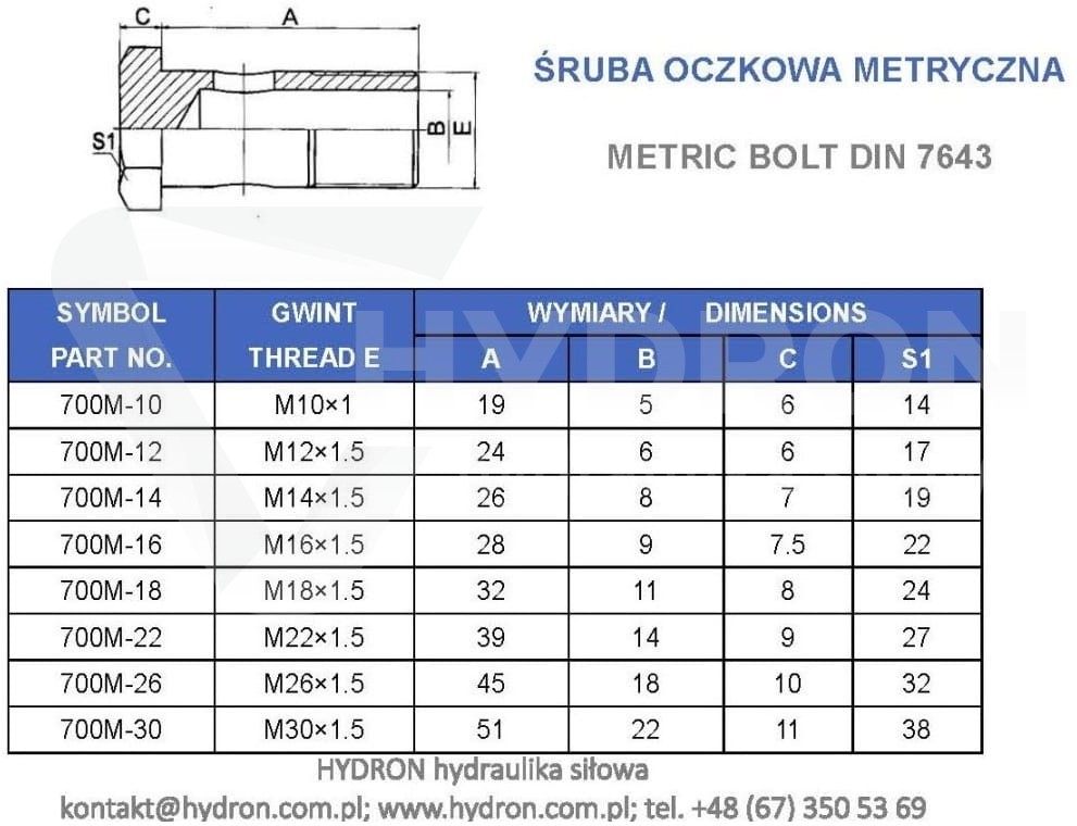 Śruba oczkowa, drążona - przelewowa M20x1,5