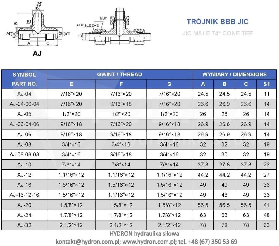 Trójnik BBB JIC 7/16" UNF