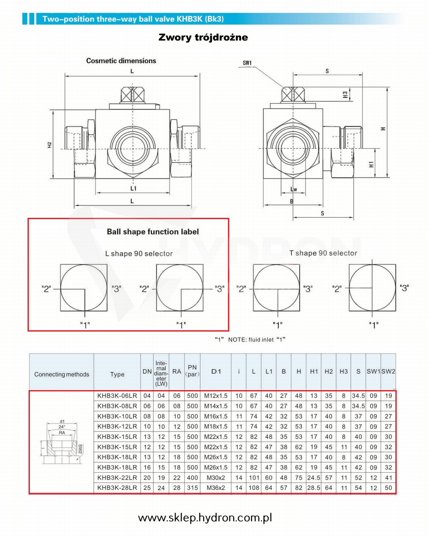 Zawór kulowy trójdrożny BK3 M16X1,5 10L zewn.