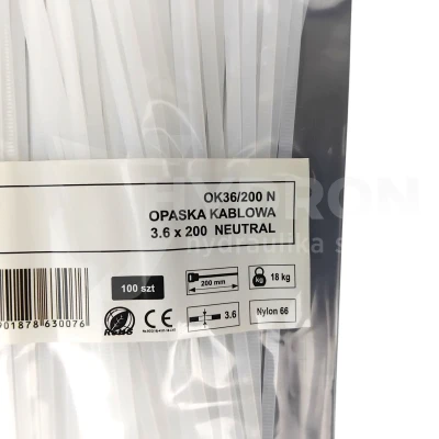 Taśma opaska kablowa 3,6x200mm - 100szt białe
