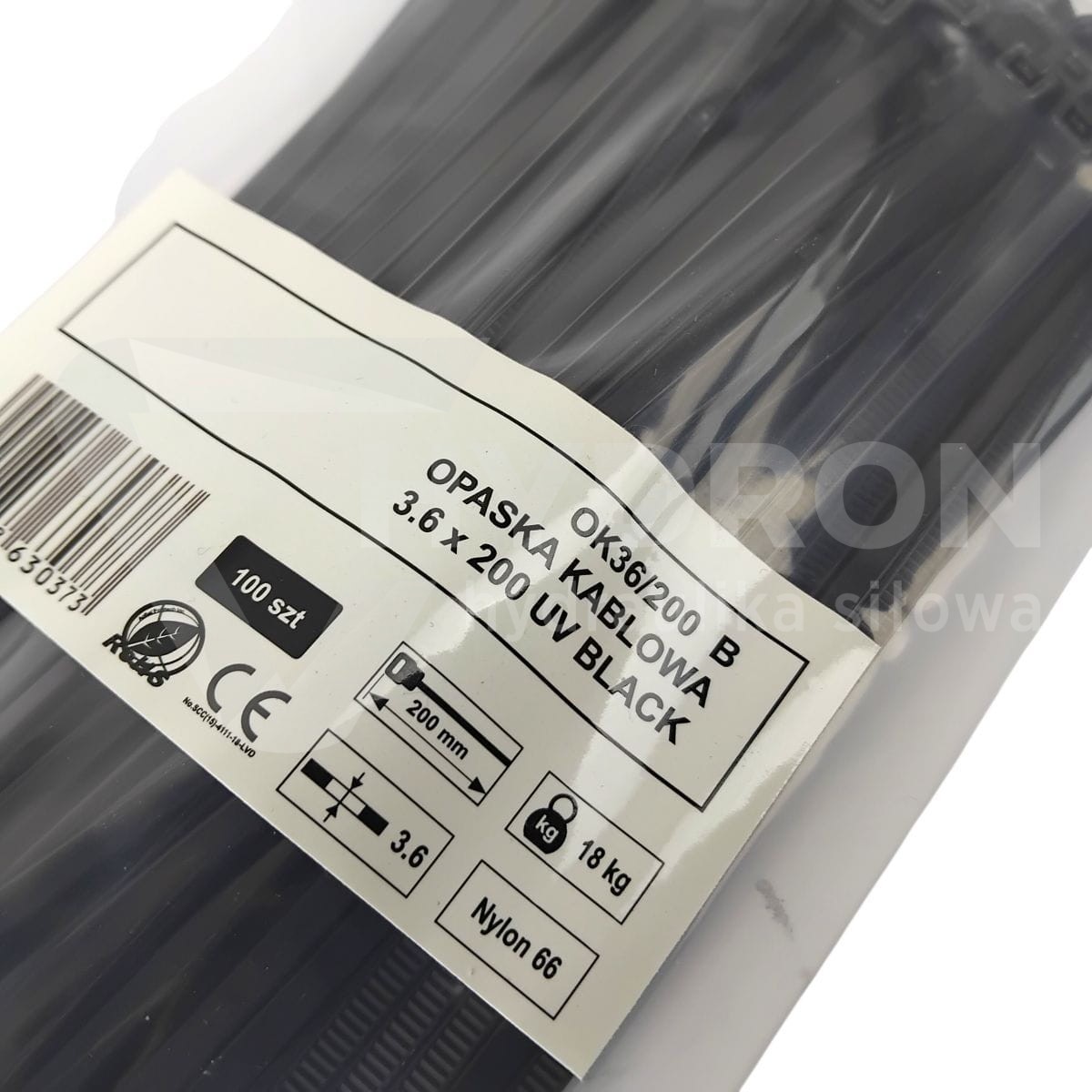 Taśma opaska kablowa UV 3,6x200mm - 100szt czarne