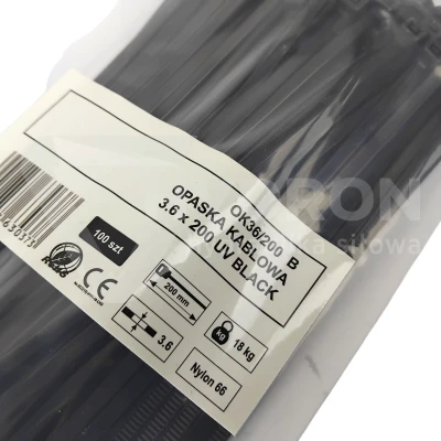 Taśma opaska kablowa UV 3,6x200mm - 100szt czarne