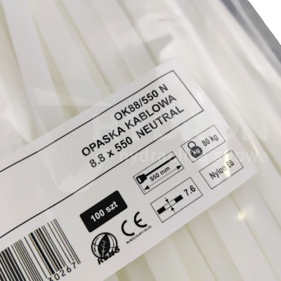 Taśma opaska kablowa 8,5x550mm - 100szt białe