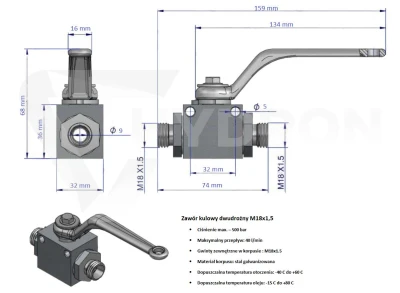 Zawór kulowy dwudrożny BKH M18X1,5" 500bar 12L GZ