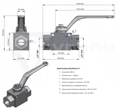 Zawór kulowy dwudrożny BKH BSP DN06 1/4" 500bar