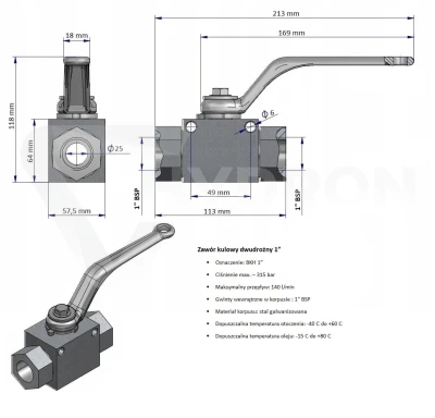 Zawór kulowy dwudrożny BKH BSP DN25 1" 315bar