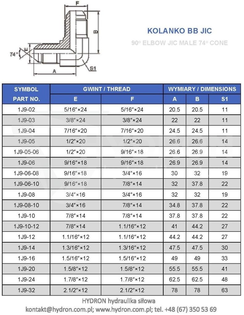 Kolanko BB 90° JIC 7/16" UNF