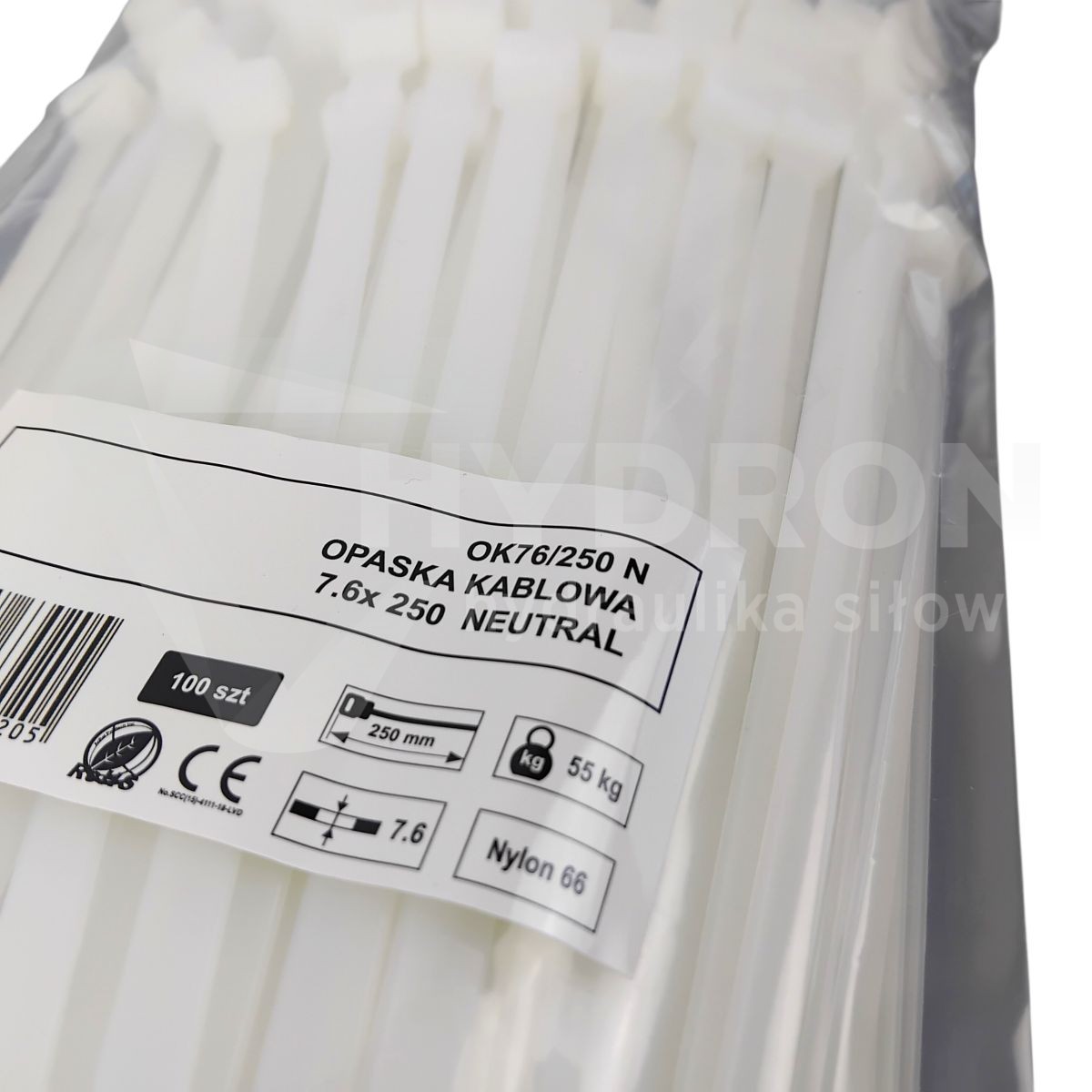 Taśma opaska kablowa 7,6x250mm - 100szt białe