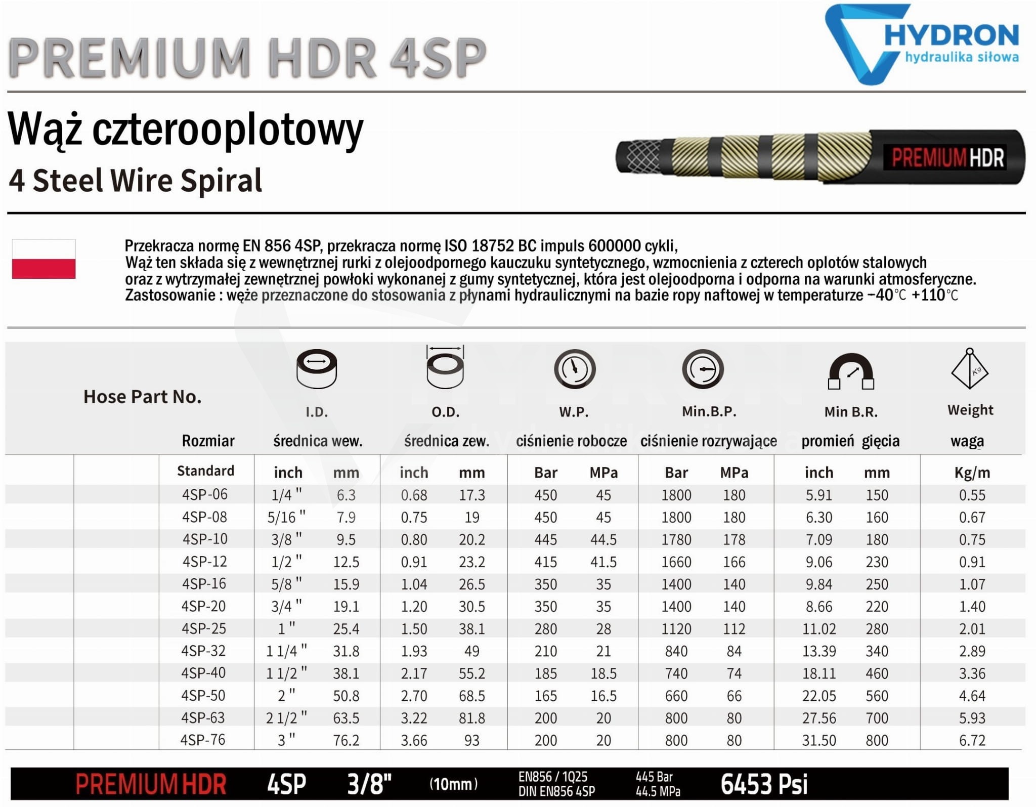 Wąż hydrauliczny 4SP DN40 (1.1/2") 185bar