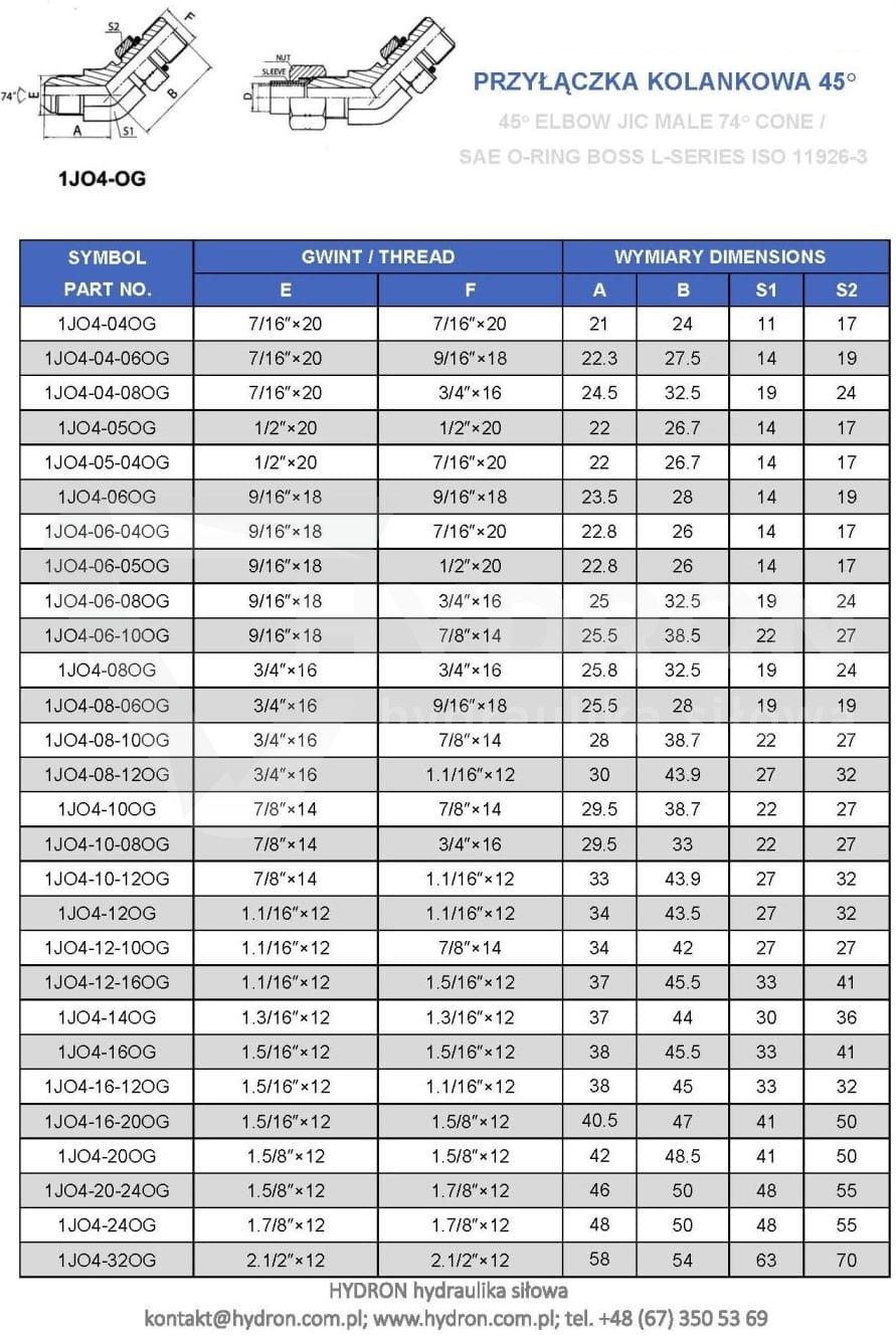 Przyłączka kolankowa 45° JIC 1.5/16" UNF grodziowa