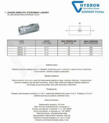 Zawór zwrotny sterowany liniowy 3/8" VBPSL