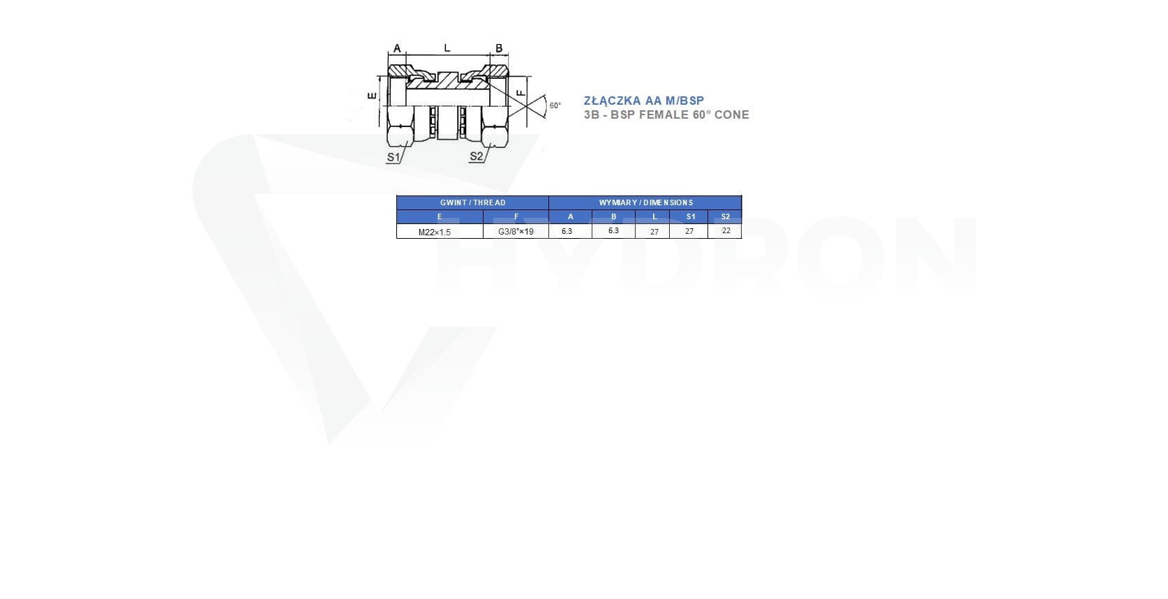 Złączka prosta AA BSP 3/8" / M22X1,5 15L