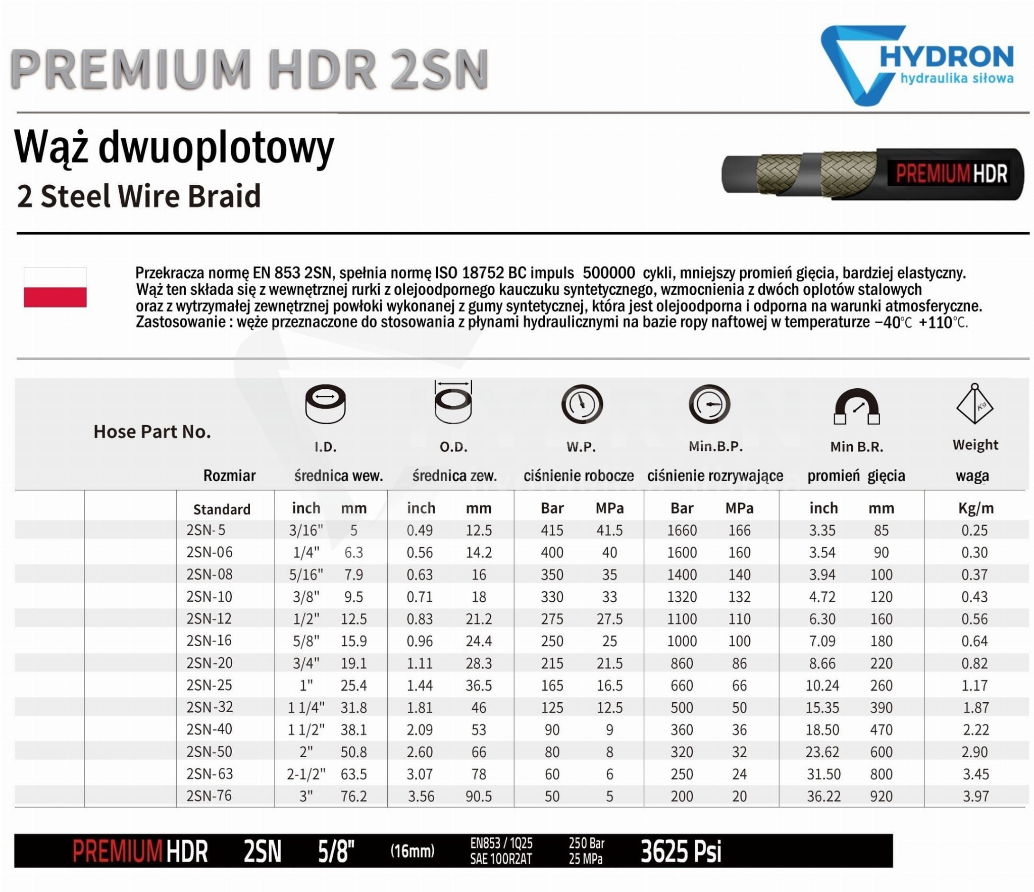 Wąż hydrauliczny DN13 2SN (1/2") 275 bar gładki