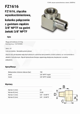 Złączka kolankowa wysokociśnieniowa FZ1616 ENERPAC