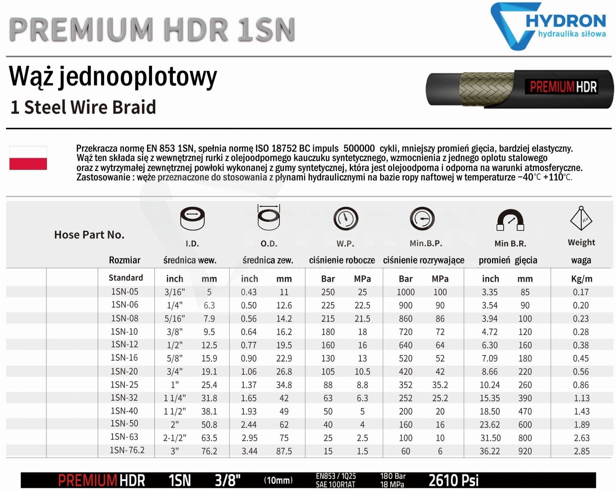 Premium Wąż hydrauliczny DN40 1SN (1.1/2") 50 bar