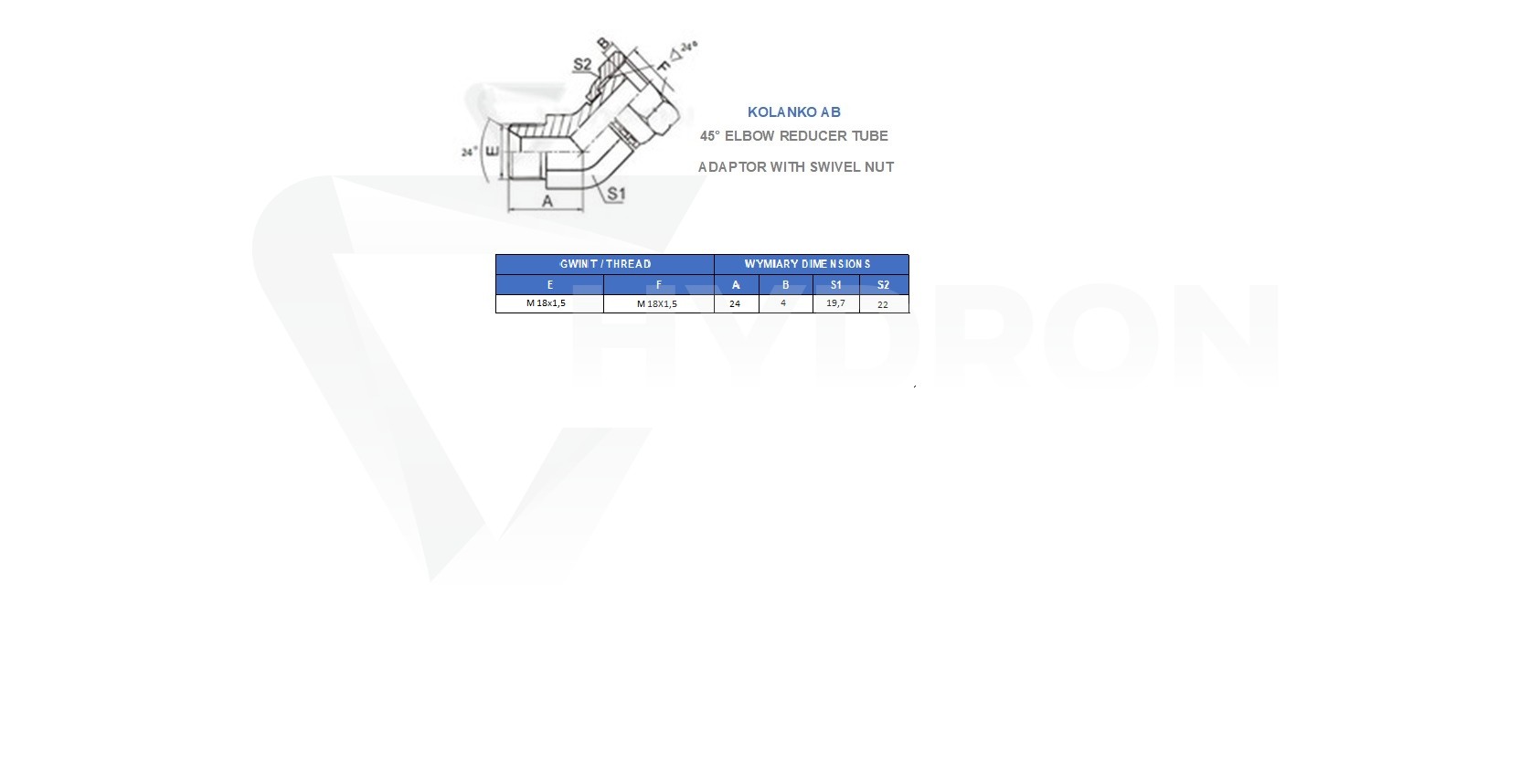 Kolanko AB 45° M18X1,5 12L