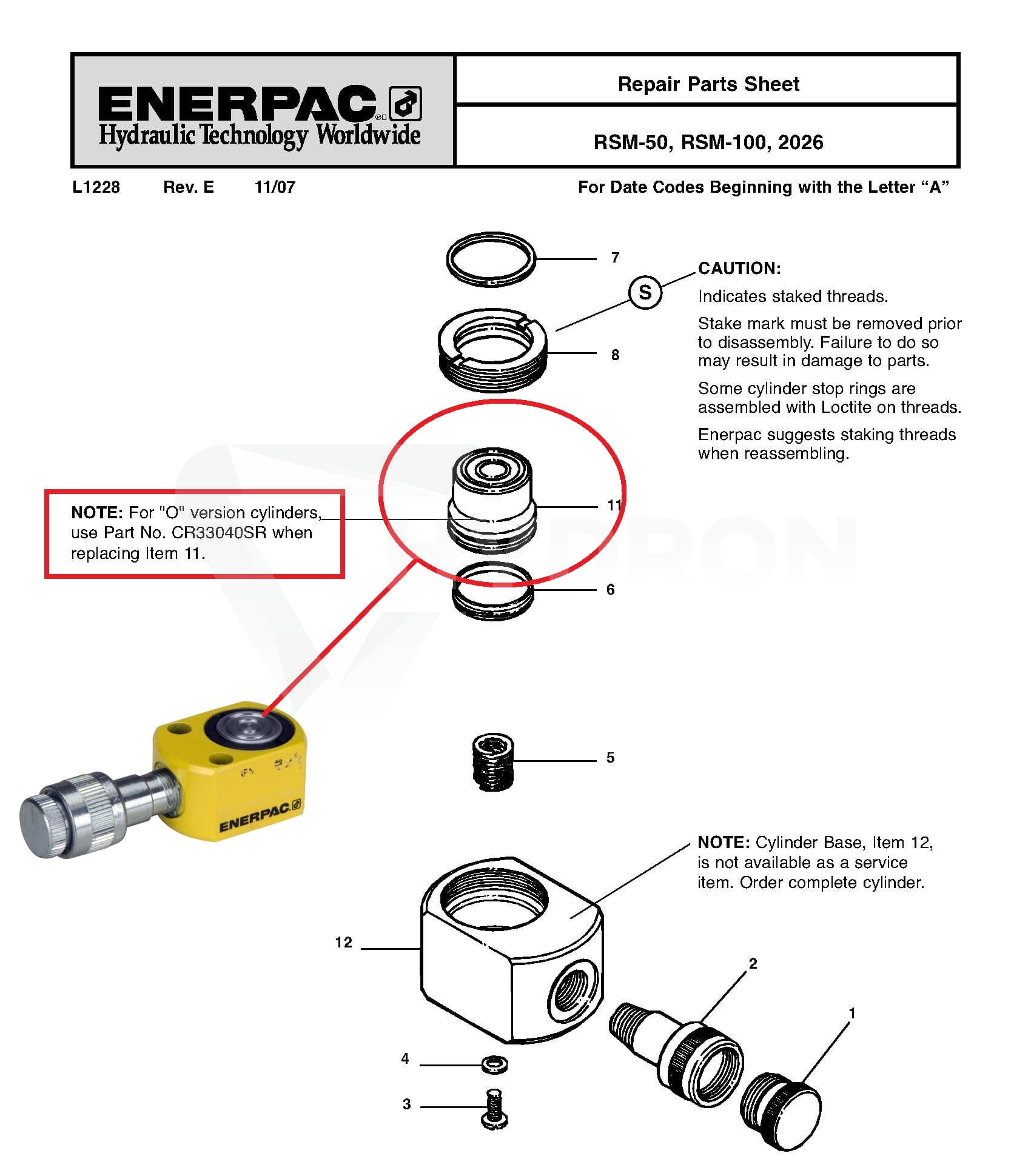 ENERPAC CR33040SR Plunger Repair Kit RSM-50 RSM-10