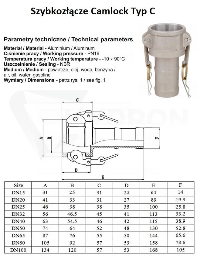 Szybkozłącze Camlock Typ C 3/4" aluminium