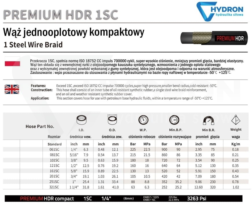 Wąż hydrauliczny M-FLEX DN06 1SC