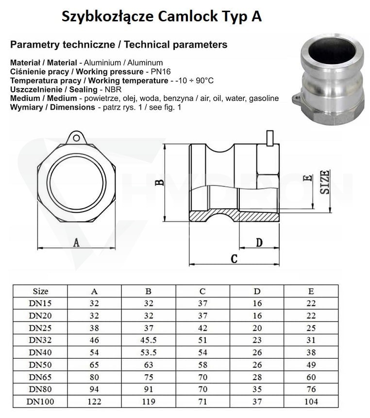 Szybkozłącze Camlock Typ A 1/2" stal nierdzewna