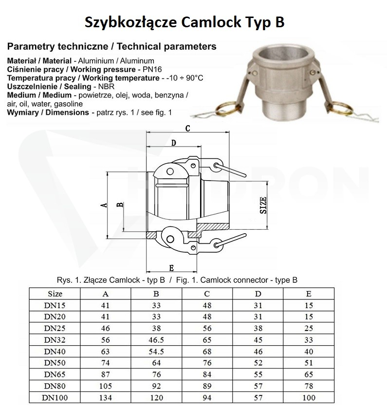 Szybkozłącze Camlock Typ B 1" aluminium