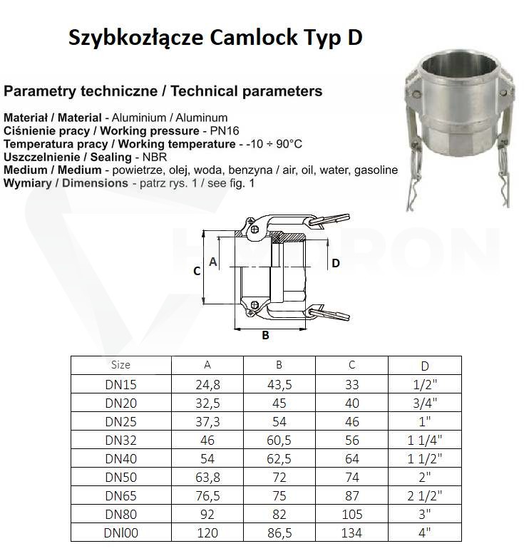 Szybkozłącze Camlock Typ D 1/2" aluminium