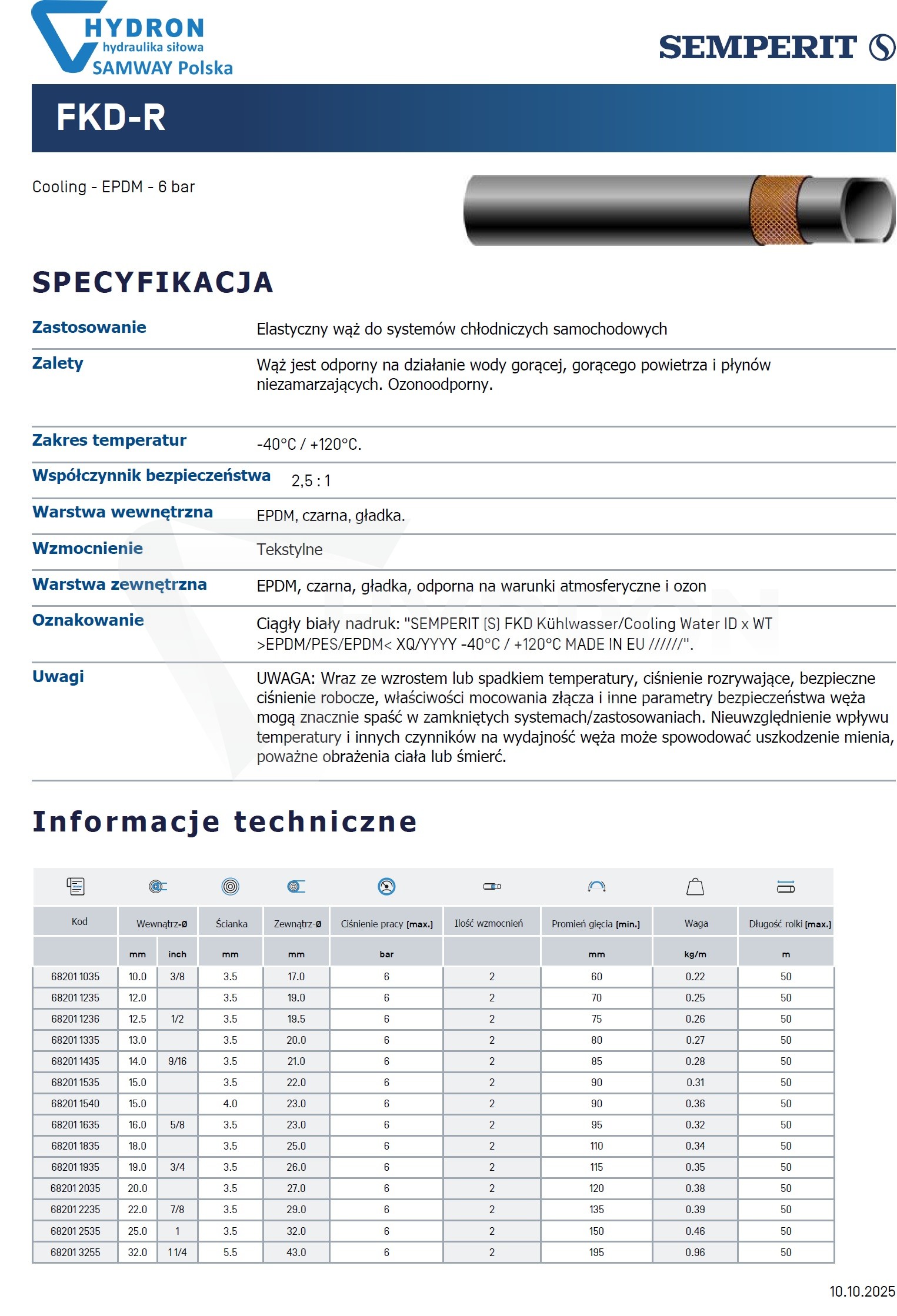 Wąż SEMPERIT FKD do układów chłodzenia DN14x3,5
