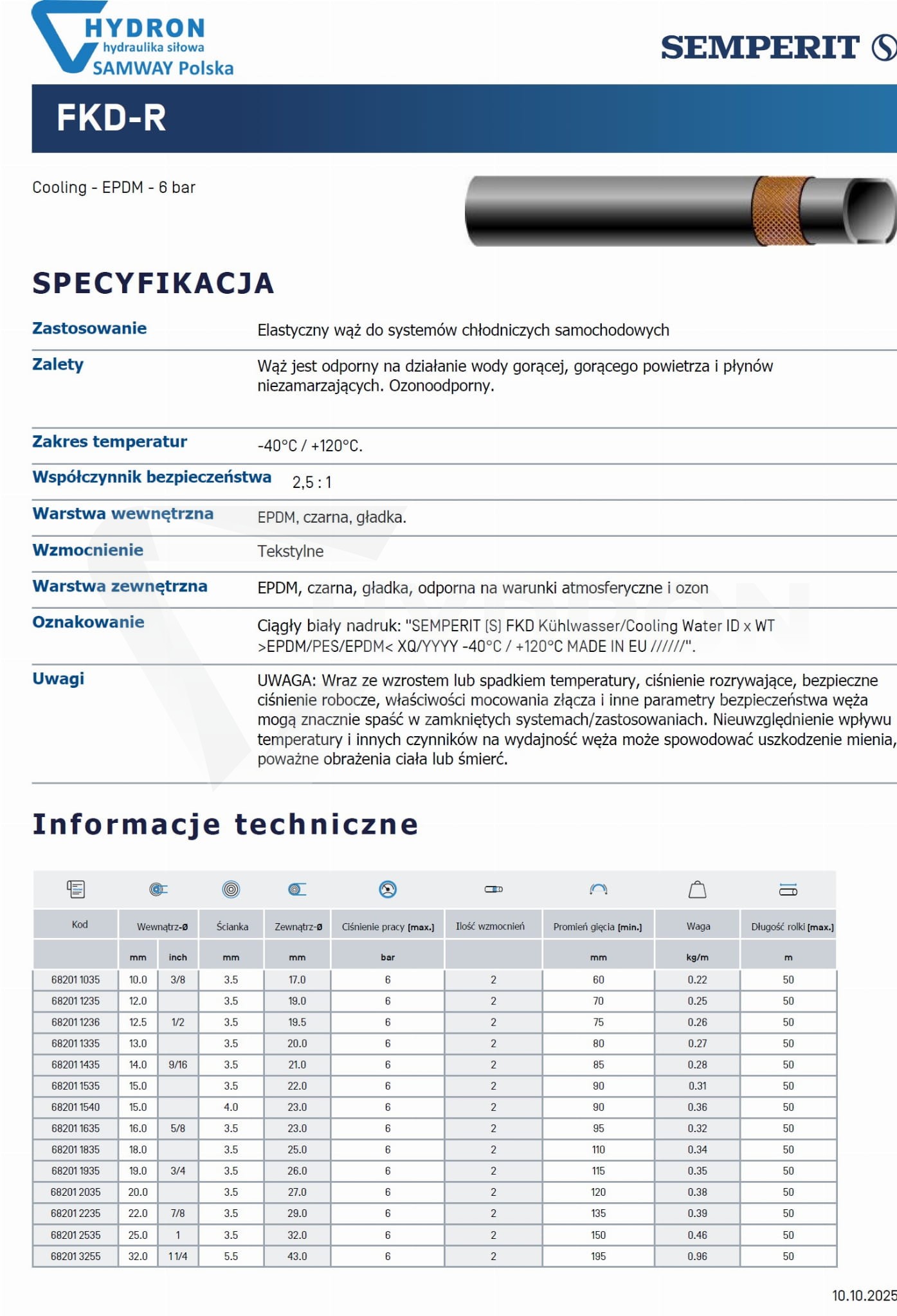 Wąż SEMPERIT FKD do układów chłodzenia DN16x3,5