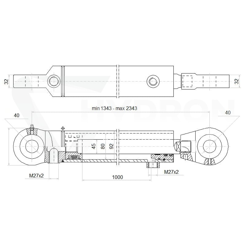 Siłownik hydrauliczny dwustronny 80/45/1000
