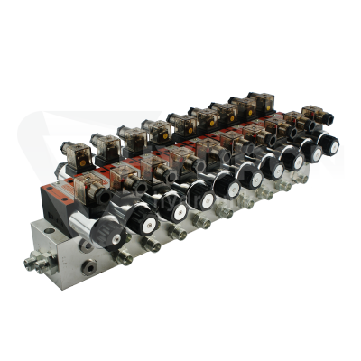 Przejdź do produktu Rozdzielacz hydrauliczny 9 sekcyjny blokowy typu CETOP 03 NG6 sterowany elektrycznie 230V