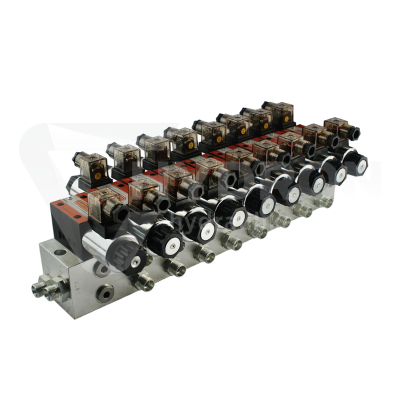 Przejdź do produktu Rozdzielacz hydrauliczny 8 sekcyjny blokowy typu CETOP 03 NG6 sterowany elektrycznie 230V