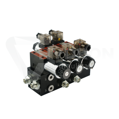 Przejdź do produktu Rozdzielacz hydrauliczny 2 sekcyjny blokowy typu CETOP 03 NG6 sterowany elektrycznie 24V