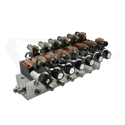 Przejdź do produktu Rozdzielacz hydrauliczny 6 sekcyjny blokowy typu CETOP 03 NG6 sterowany elektrycznie 230V