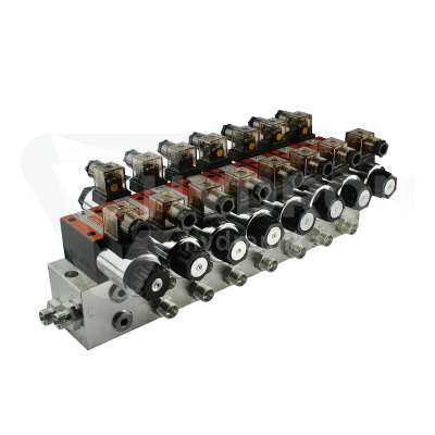 Przejdź do produktu Rozdzielacz hydrauliczny 7 sekcyjny blokowy typu CETOP 03 NG6 sterowany elektrycznie 24V