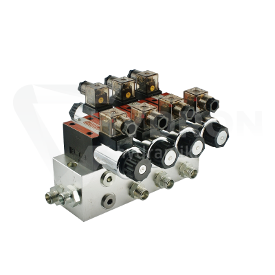 Przejdź do produktu Rozdzielacz hydrauliczny 3 sekcyjny blokowy typu CETOP 03 NG6 sterowany elektrycznie 230V