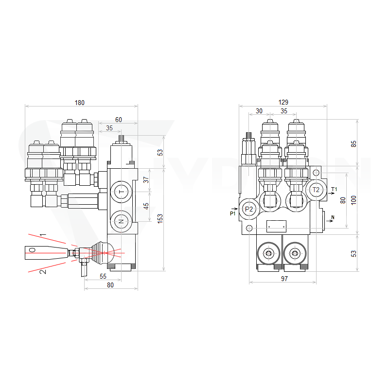 Rozdzielacz hydrauliczny 2 sekcyjny 40L z kompletem szybkozłączy wtyczek Euro