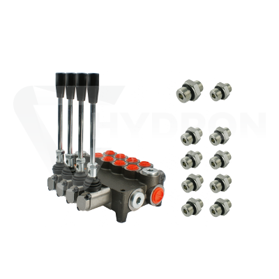 Przejdź do produktu Rozdzielacz hydrauliczny monoblok 4 sekcyjny 80L w zestawie z przyłączami
