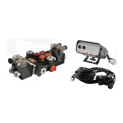 Rozdzielacz hydrauliczny 2 sekcyjny 40L/min sterowany elektrycznie 12V z panelem sterującym  z dwoma przyciskami