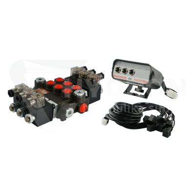 Przejdź do produktu Rozdzielacz hydrauliczny 3 sekcyjny 40L/min sterowany elektrycznie 12V z panelem sterującym  z trzema przyciskami