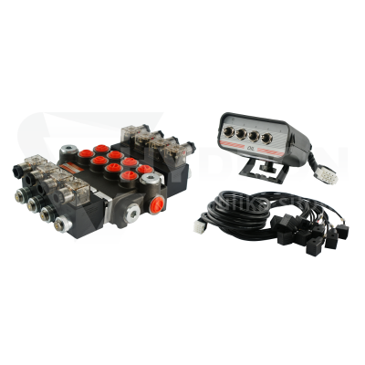 Przejdź do produktu Rozdzielacz hydrauliczny 4 sekcyjny 40L/min sterowany elektrycznie 12V z panelem sterującym  z czterema przyciskami