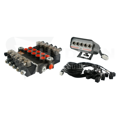 Przejdź do produktu Rozdzielacz hydrauliczny 5 sekcyjny 40L/min sterowany elektrycznie 12V z panelem sterującym  z pięcioma przyciskami