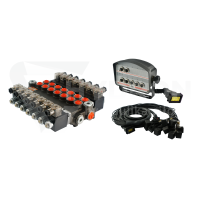 Przejdź do produktu Rozdzielacz hydrauliczny 7 sekcyjny 40L/min sterowany elektrycznie 12V z panelem sterującym  z siedmioma przyciskami