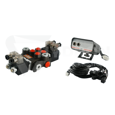 Przejdź do produktu Rozdzielacz hydrauliczny 2 sekcyjny 40L/min sterowany elektrycznie 24V z panelem sterującym  z dwoma przyciskami