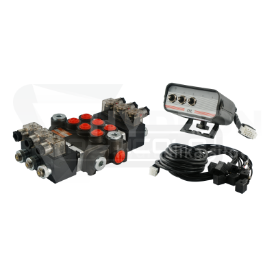 Przejdź do produktu Rozdzielacz hydrauliczny 3 sekcyjny 40L/min sterowany elektrycznie 24V z panelem sterującym z trzema przyciskami