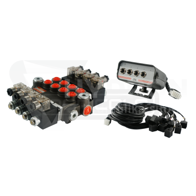 Przejdź do produktu Rozdzielacz hydrauliczny 4 sekcyjny 40L/min sterowany elektrycznie 24V z panelem sterującym z czterema przyciskami