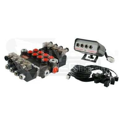 Rozdzielacz hydrauliczny 4 sekcyjny 40L/min sterowany elektrycznie 24V z panelem sterującym z czterema przyciskami