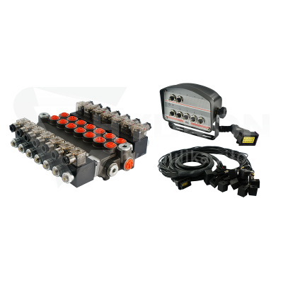 Przejdź do produktu Rozdzielacz hydrauliczny 7 sekcyjny 40L/min sterowany elektrycznie 24V z panelem sterującym z siedmioma przyciskami