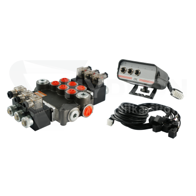 Przejdź do produktu Rozdzielacz hydrauliczny 3 sekcyjny 80L/min sterowany elektrycznie 12V z panelem sterującym z trzema przyciskami