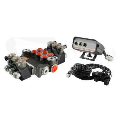 Rozdzielacz hydrauliczny 3 sekcyjny 80L/min sterowany elektrycznie 12V z panelem sterującym z trzema przyciskami